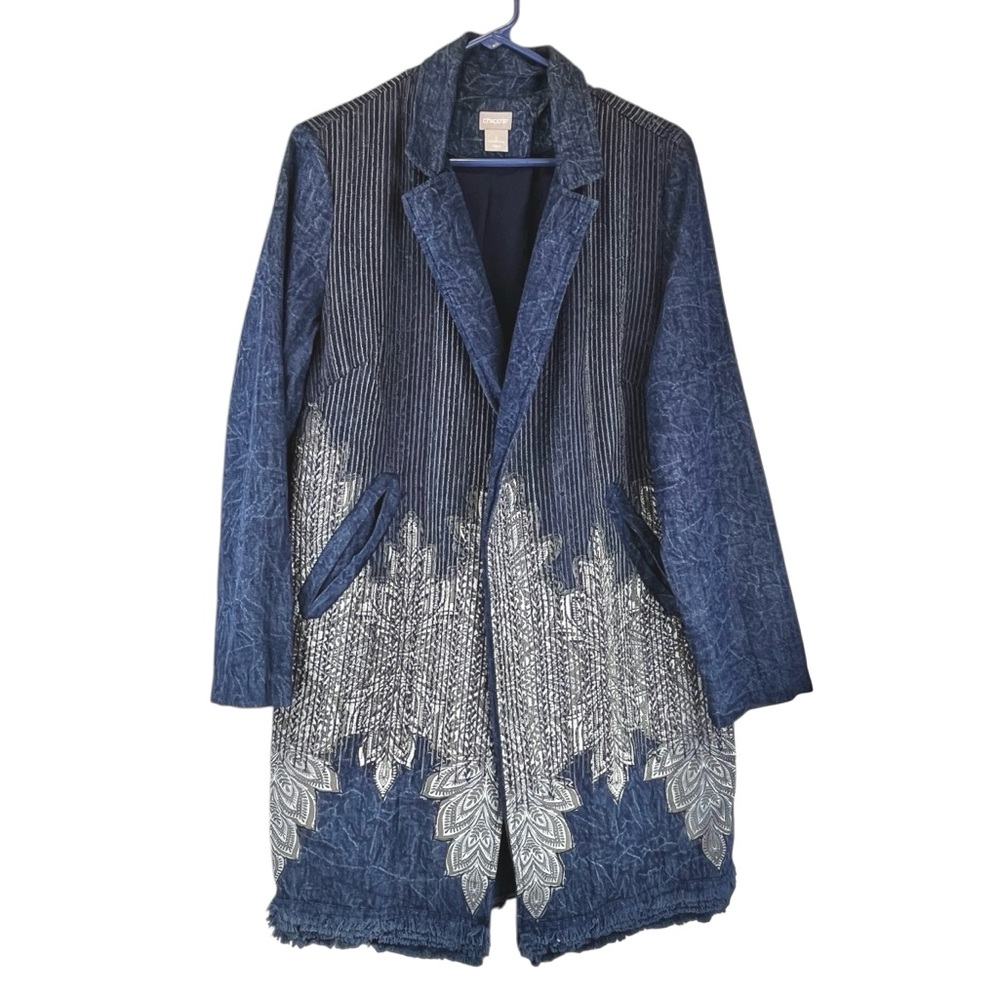 Chico's Stitch Detail Artisan Long Denim Jacket Topper Open Front Pockets Sz 12